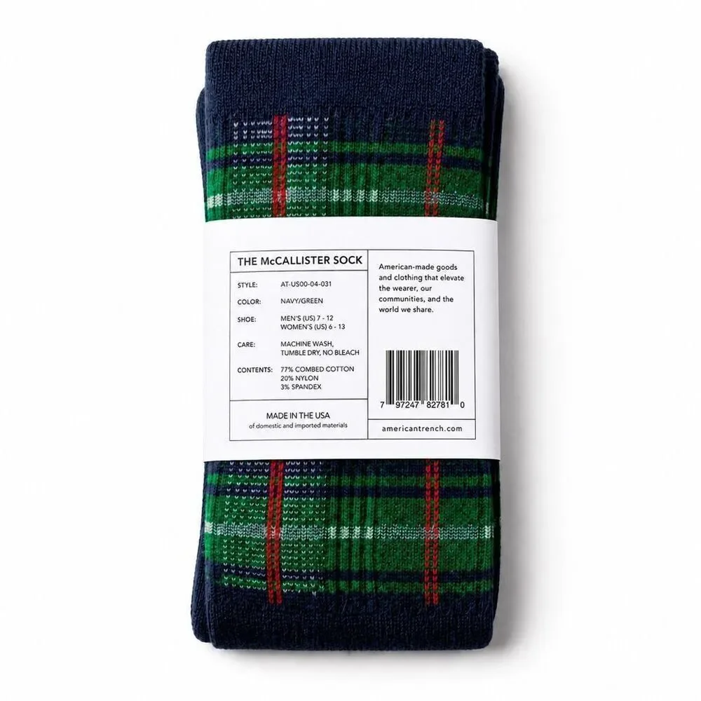 American Trench McCallister Plaid Sock Navy Green Tartan High Crew Men 7-12 USA